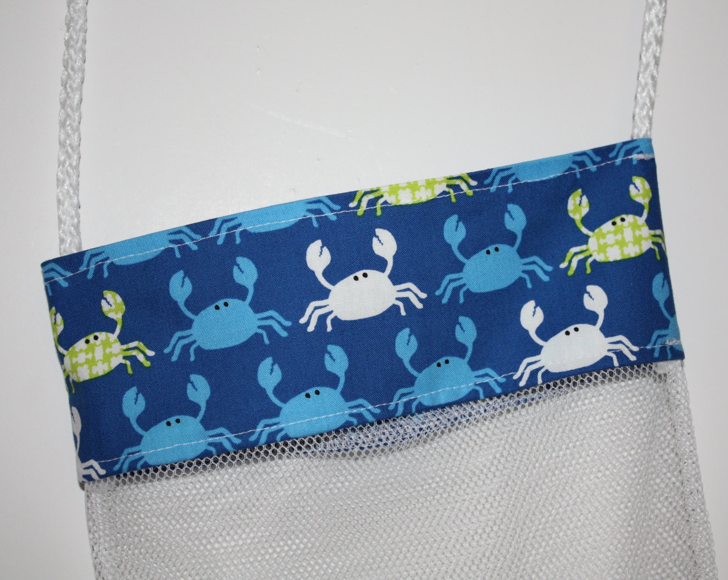 Shell Bag BLUE CRAB, Mesh Beach Bag, Shower Caddy, Sea shell collecting bag