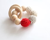 Teething toy with 4 big crochet wooden beads red, white, grey, beige  and 2 wooden rings. Wooden rattle ring - nihamaj