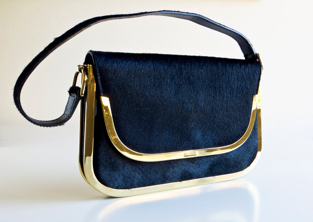 Rare Vintage GUCCI Pony Hair Handbag with Gold Frame