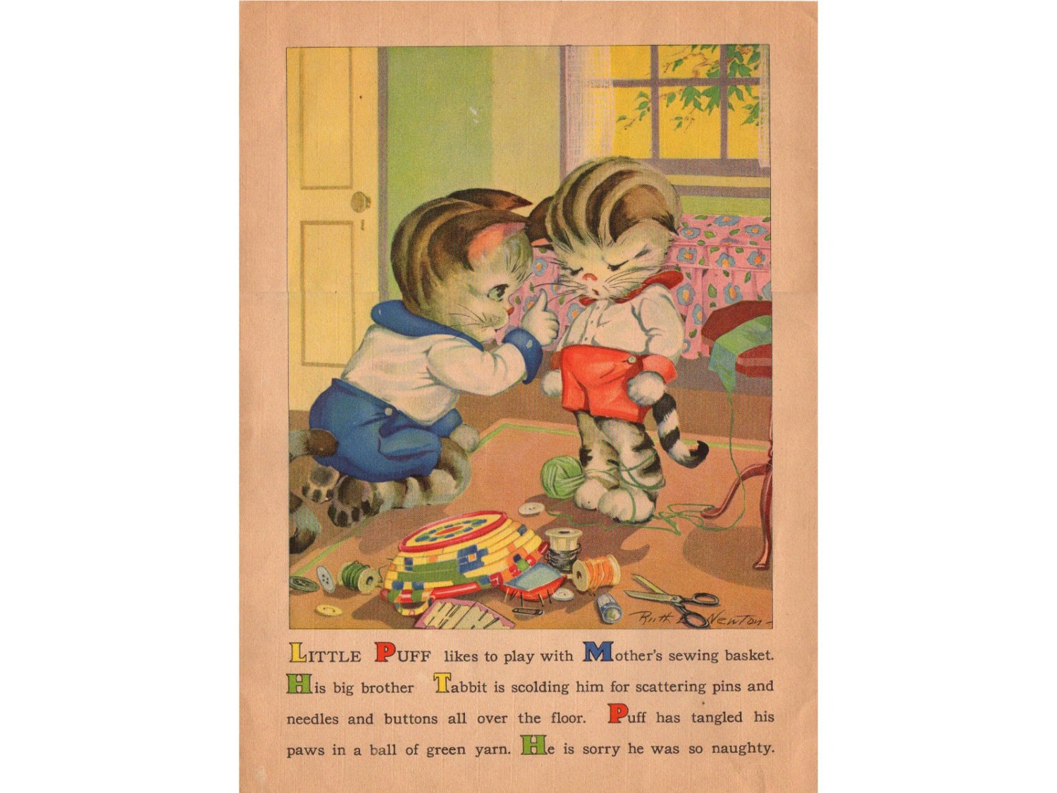 Vintage 1930s Childrens Book Page Kittens Sewing Basket Puppy Umbrella