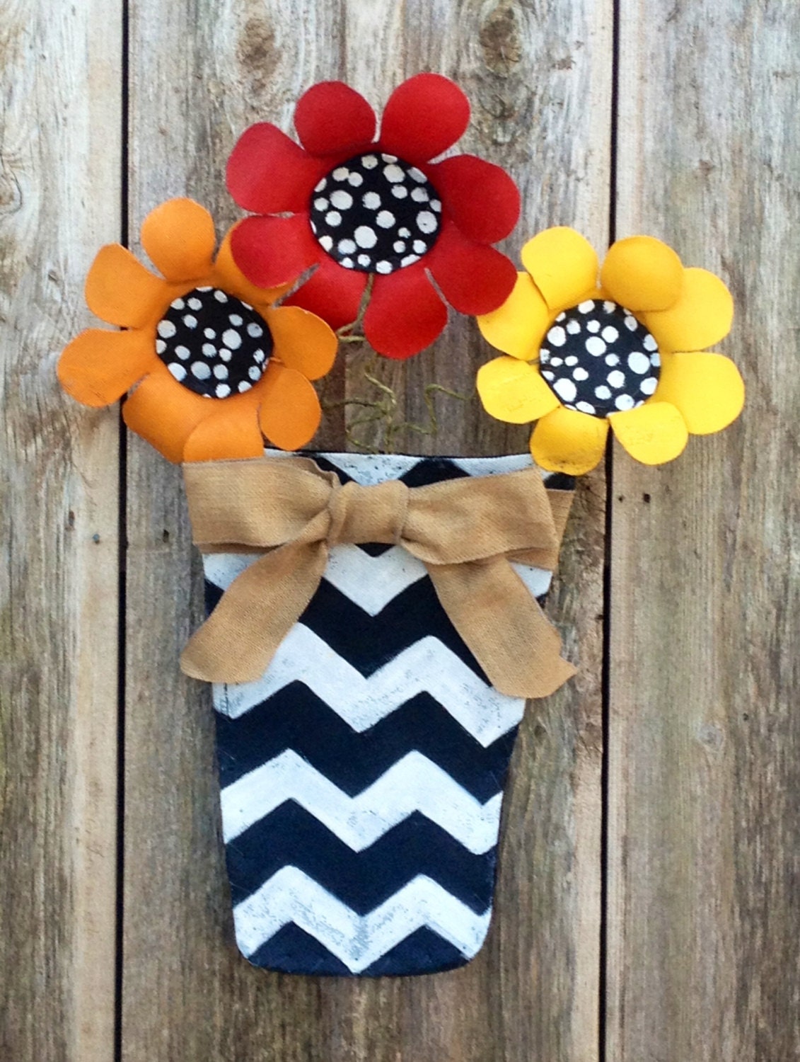 Bright Flowers in Black and White Chevron Pot Door Hanger