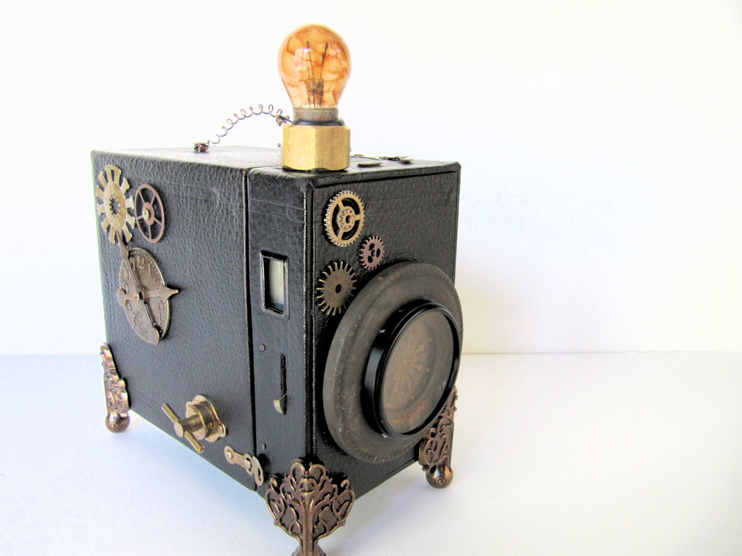 Steampunk camera brownie mixed media assemblage with gears and found objects