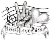 Peace, Love, Music. Counted Cross Stitch Pattern. PDF Files. Free shipping.