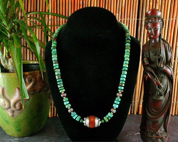 Turquoise Necklace - Tibetan Silver Capped Bead - Yoga - Tibetan Amber Pendant - Beadwork - Ethnic Jewelry - Statement Necklace