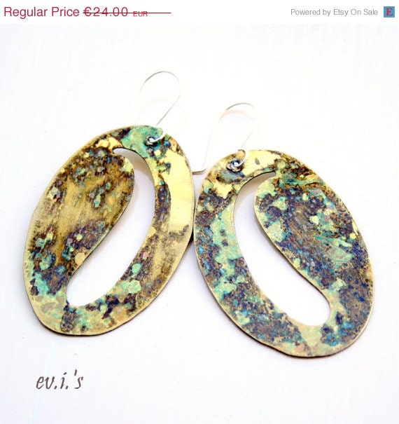 30% off Green Patina Brass Oval Paisley Cut out Handcrafted Eco Friendly Oxidized Metalwork Artisan Boho Dangle Earrings Gift for Her.Free