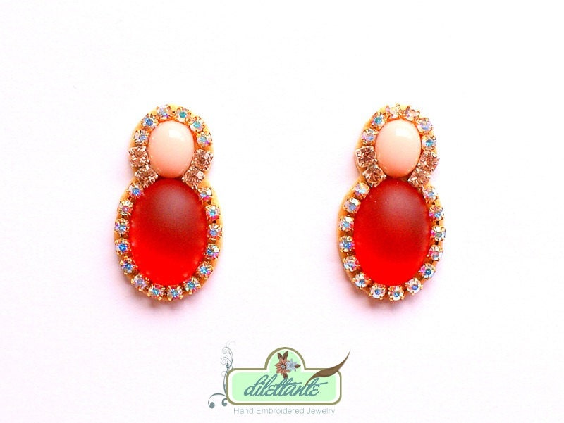 Crystal Earrings Swarovski- Rhinestones- Cherry Red -Nude Design