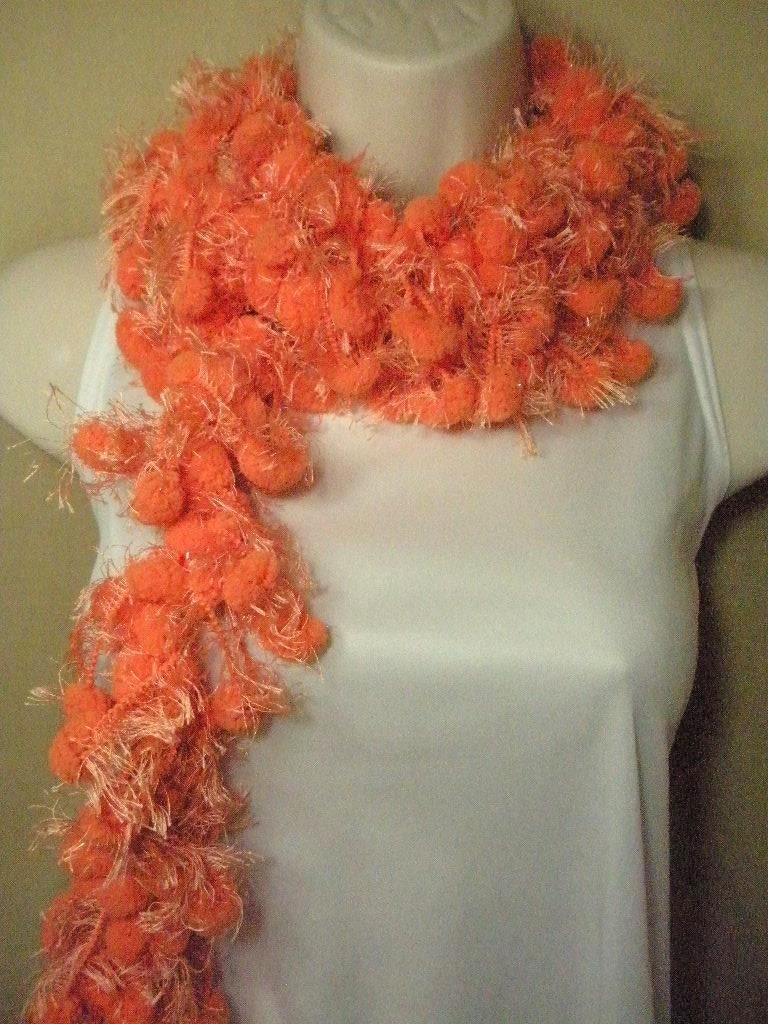 Orange Tangerine Fuzzy Pom  Pom Crochet Scarf