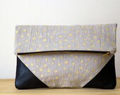 Holiday Clutch Metallic Gold Polka Dot Fold Over Screen Print Natural Linen