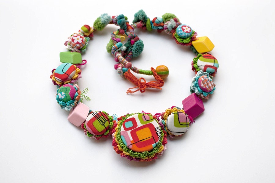 Fiber art necklace, crochet with fabric buttons and wooden beads, colorful, OOAK