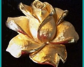 Vintage Rose Brooch Pin Signed Crown Trifari Gold Etched Metal Designer Jewelry 2" VG