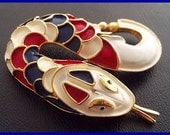 Vintage Snake Brooch Pin Red White Blue Enamel Gold Metal Patriotic Jewelry 2" VG