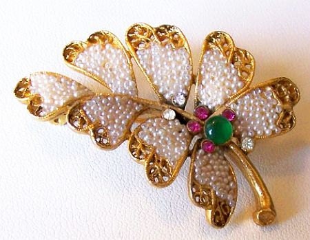 Vintage Brooch Pin Signed BSK Seed Pearls Pink Rhinestones Leaf Design Gold Metal 2" VG