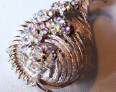 Vintage Brooch Pin Aurora Borealis Rhinestone Flowers Silver Metal Leaf Design 2.5" VG