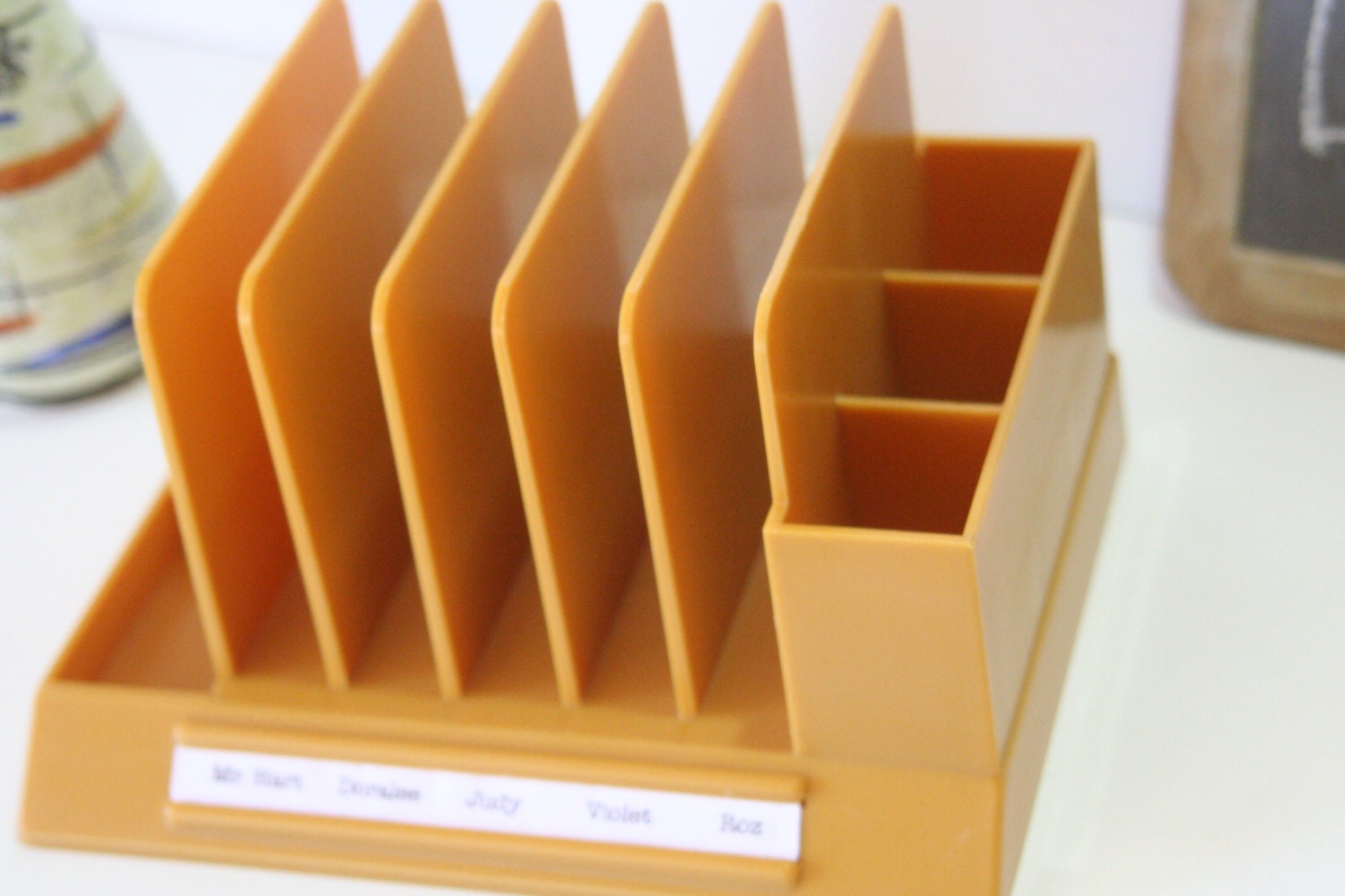 Vintage Max Klein Gold Tone Plastic Desk Accessory Stationary Caddy Organizer Mail Inbox Pen Pencil Holder Retro Goldenrod