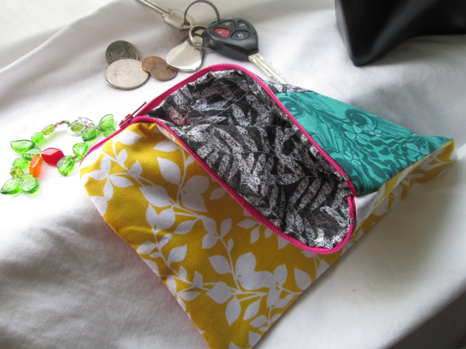 Bright yellow leaf bag, flat cosmetic clutch, womens striped clutch, makeup bag, spring green black and yellow purse
