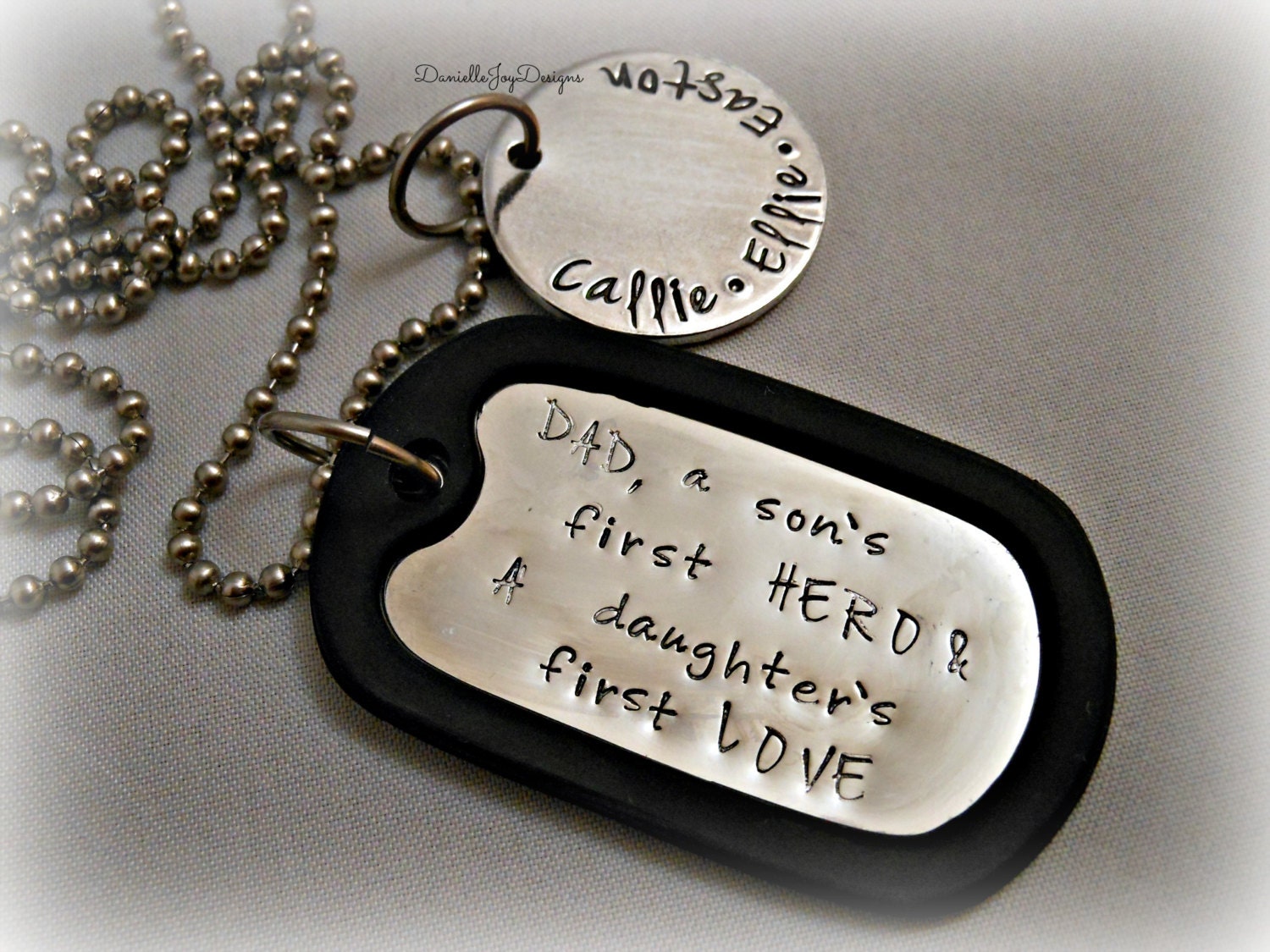 Personalized Hand Stamped Fathers Day "DAD, A Son's First Hero And A Daughters First Love" Dog Tag Mens Chain Key Chain
