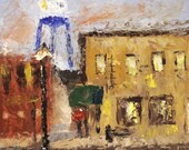 Textured Surface Original Oil Painting Landscape city - 10in x 12in - tan brown blue red colors