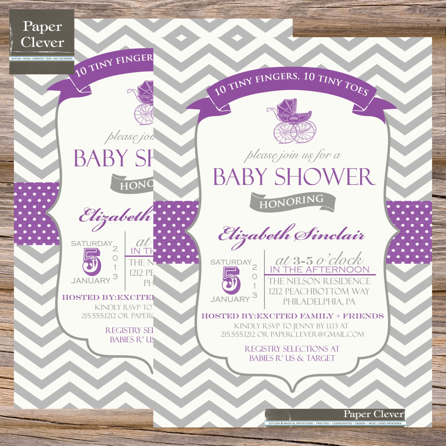 Girls Purple baby shower invitation carriage, vintage, chevron stripe - printable, digital Il_570xn