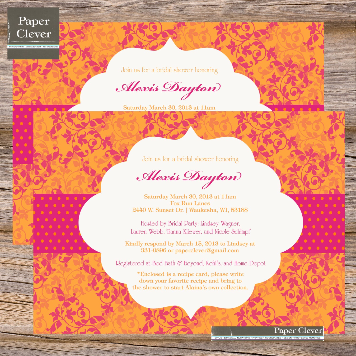 Bridal shower invitation modern orange & hot pink with polka-dots, floral vine- printable Il_570xn