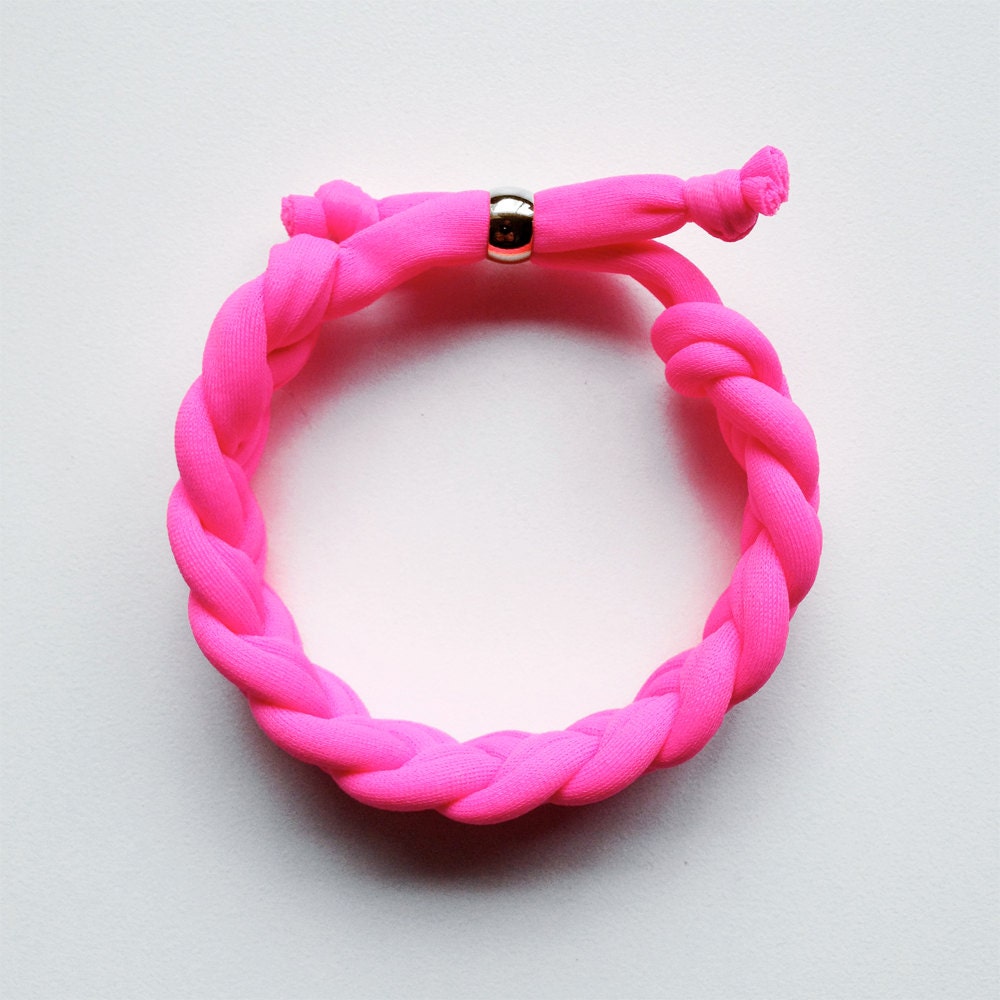 the braid bracelet - handmade with neon fabric and a stainless steel bead