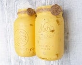 MASON JAR VASES - 2 Shabby Chic Yellow Painted Mason Jars turned vases
