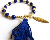 Indigo & Gold Beaded Tassel Bracelet with Gold Leaf Charm - Wire Bracelet with Clasp - Layering Bracelet- Tassel Bracelet