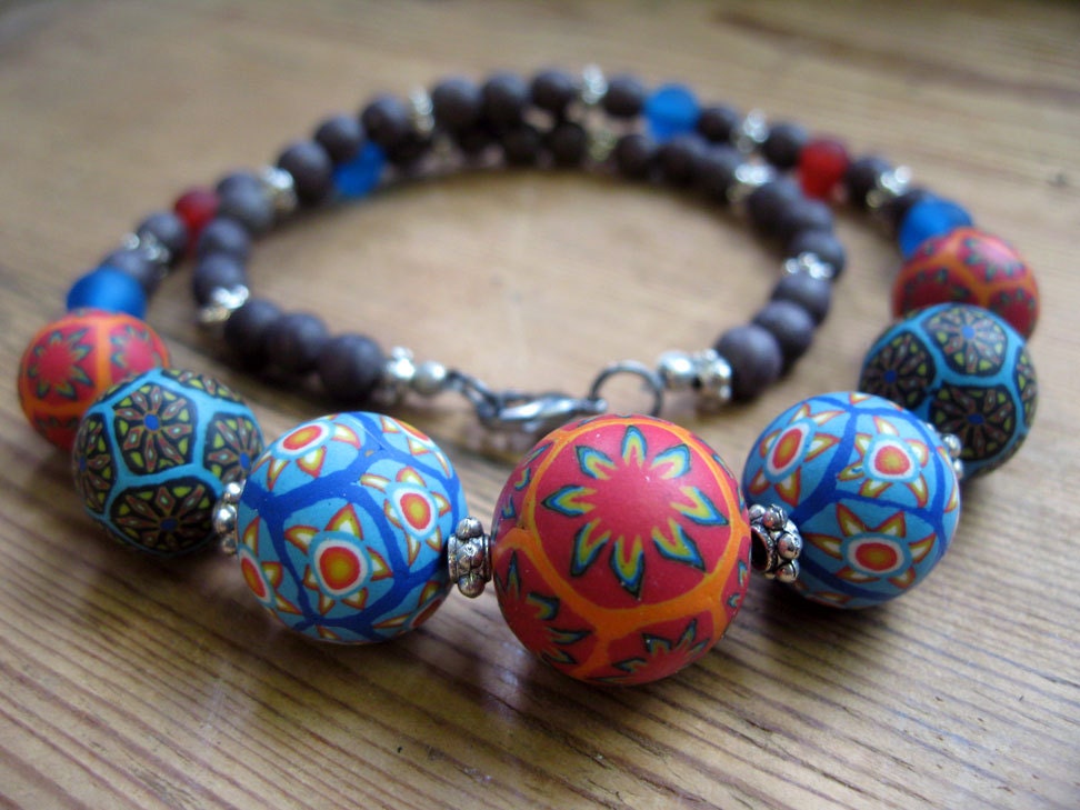 Handmade millefiori beaded necklace, beautiful polymer clay beads with patterns inspired by Native American beadwork designs