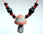 Mushroom pendant necklace, millefiori tribal patterns, black, white and red, with beads on thin adjustable cord, handmade from polymer clay