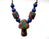 Mushroom pendant necklace, rainbow spirals, millefiori patterns, bright colors, handmade, on thin cord with handmade beads