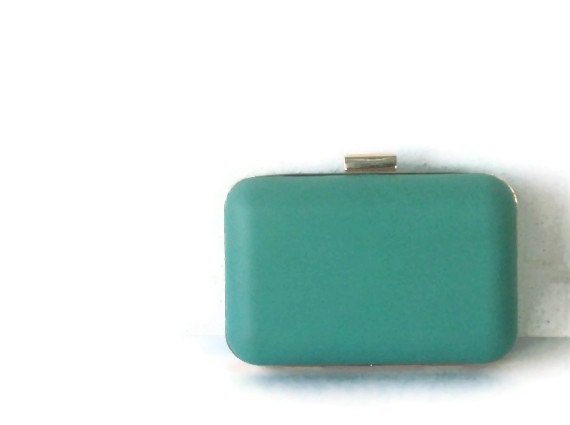 Turquoise leather Clutch With Gold Metal Frame