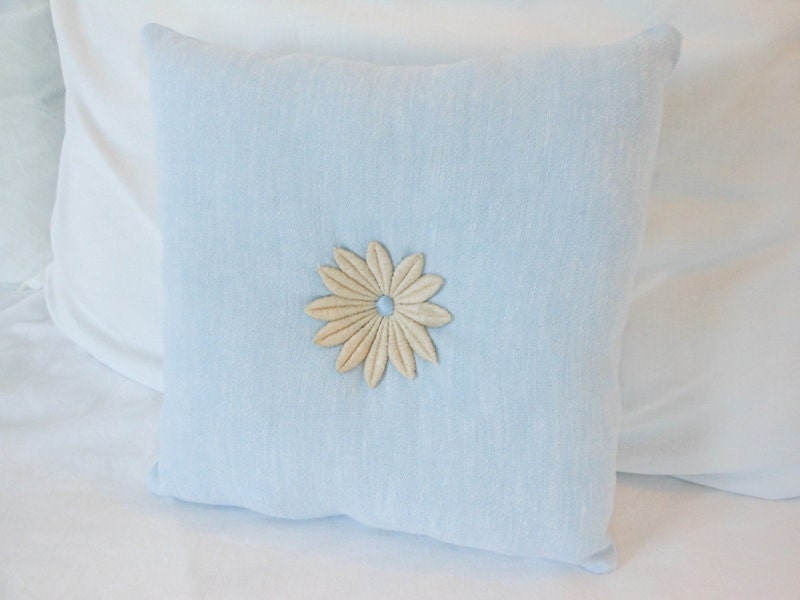 Flower applique tufted pillow, square stuffed pillow with embroidered applique