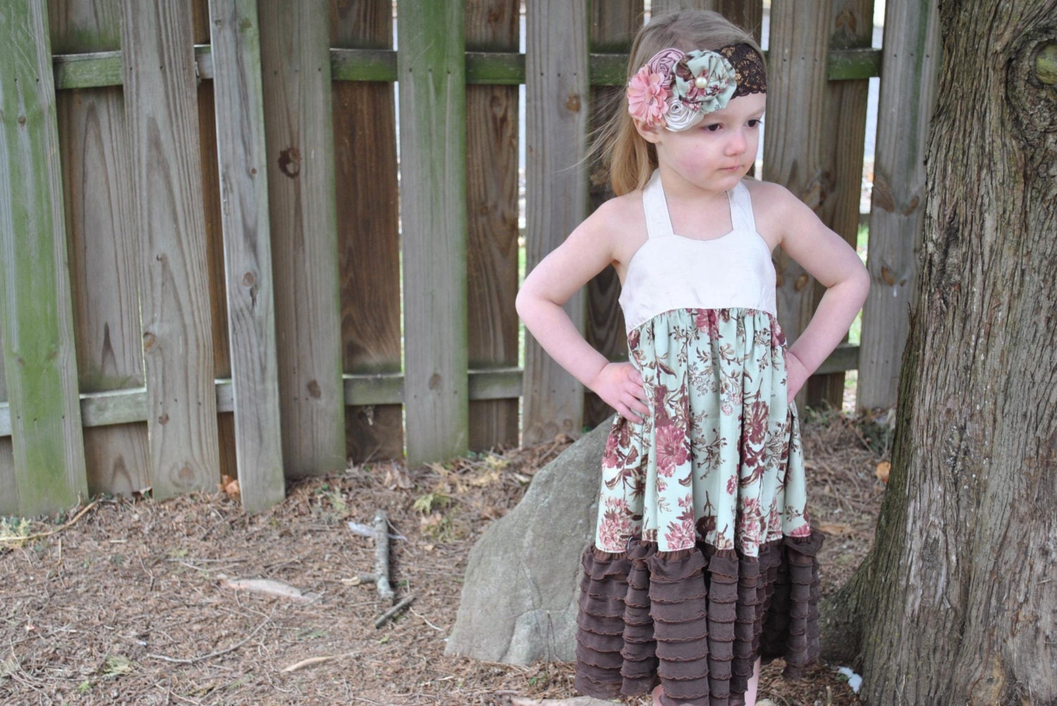 The Amelia Sweetheart Halter Dress with Lots of Ruffles.  Ivory, Brown, and Mint green Vintage inspired.