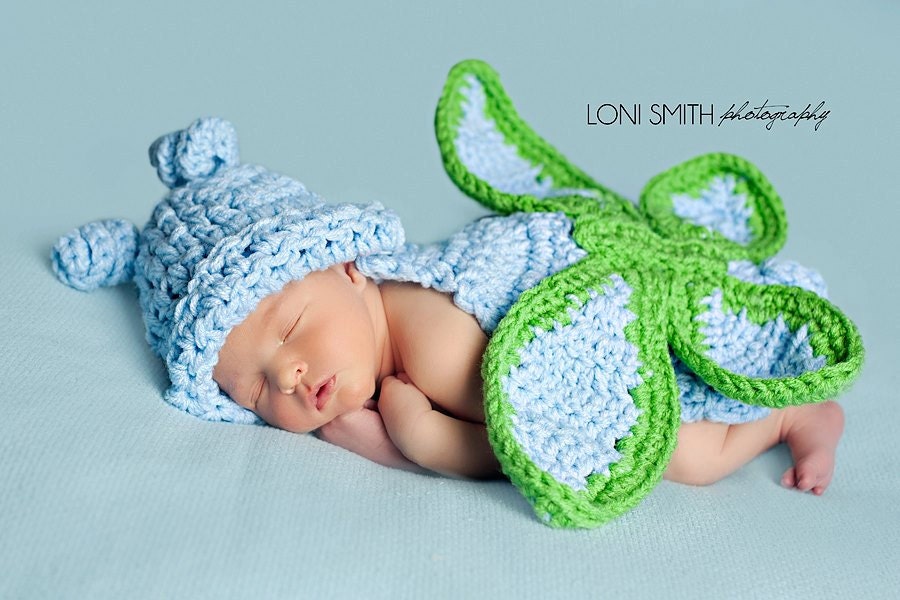Butterfly Hat & Cape Spring Green Baby Blue - Animal Baby Newborn Cap Costume Halloween Thanksgiving Winter Outfit