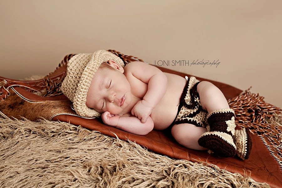 Baby Cowboy Hat  Boots & Diaper Cover Set - Crochet Newborn Beanie Boy Girl Costume Winter Thanksgiving Photo Prop Cap Christmas Outfit