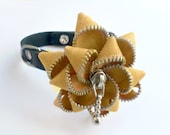 MADE TO ORDER Dog leather Collar and zipper Flower, black and gold - hand painted