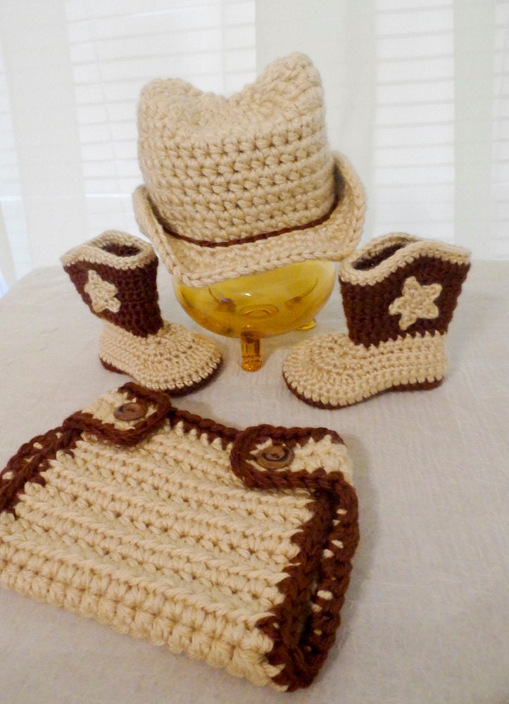 Cowboy Hat, Diaper Cover, and Boots Set - Newborn - 6 months