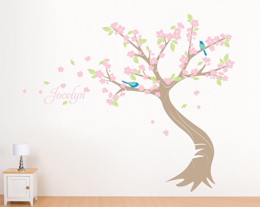 Blowing Cherry Blossom Tree with Custom Name and Birds, Blowing Cherry Blossom Tree for Baby Nursery, Childrens or Kids Room