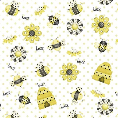 NEW - Henry Glass Fabric - Bee Happy - Bees and Flowers - White