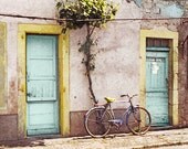 Old Bicycle, Vintage Bike, Rustic, France, Aqua, Yellow Photograph, 11x14