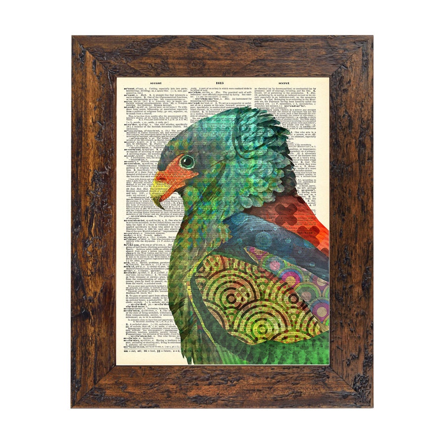 Wings of Many Colors Hawk Mixed Media Original Print on an Unframed Upcycled Bookpage