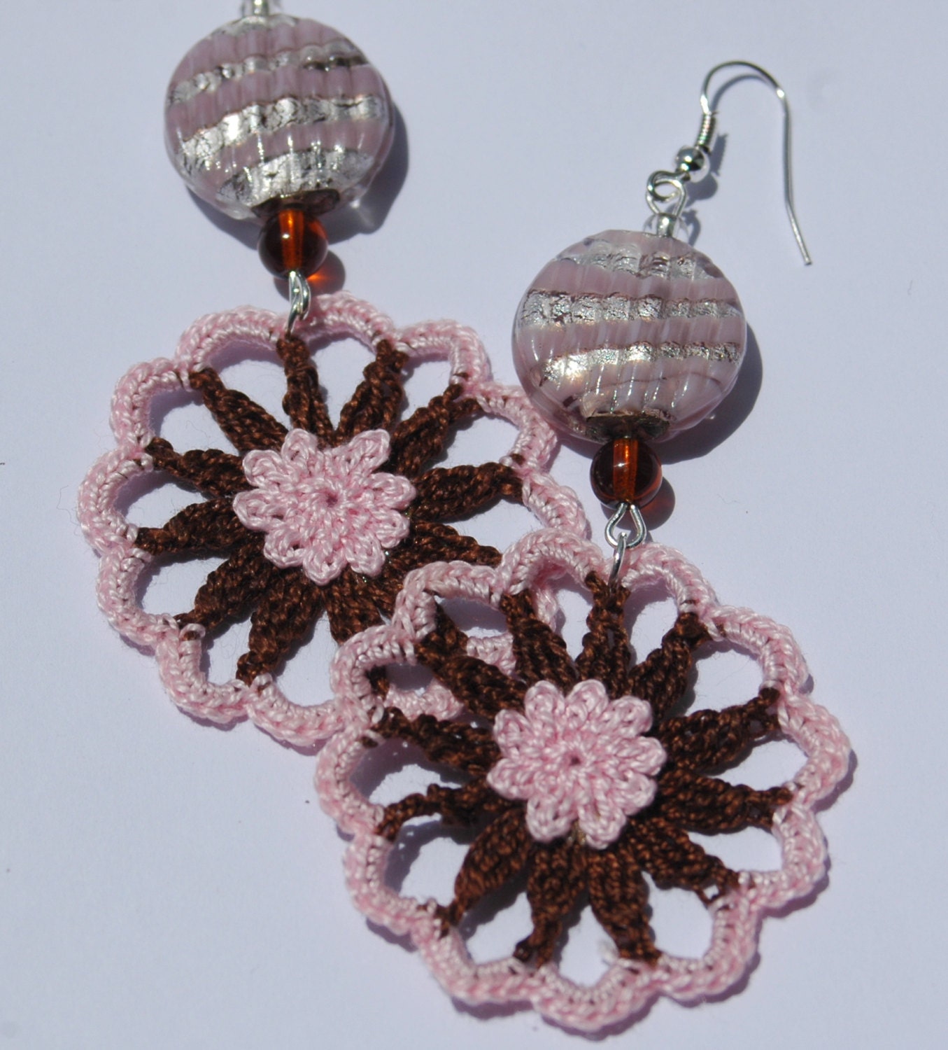 Crochet earring jewelry - Large crochet earring - Crochet earring - Crochet flower - Pink and brown earrings - Strawberry and chocolate -