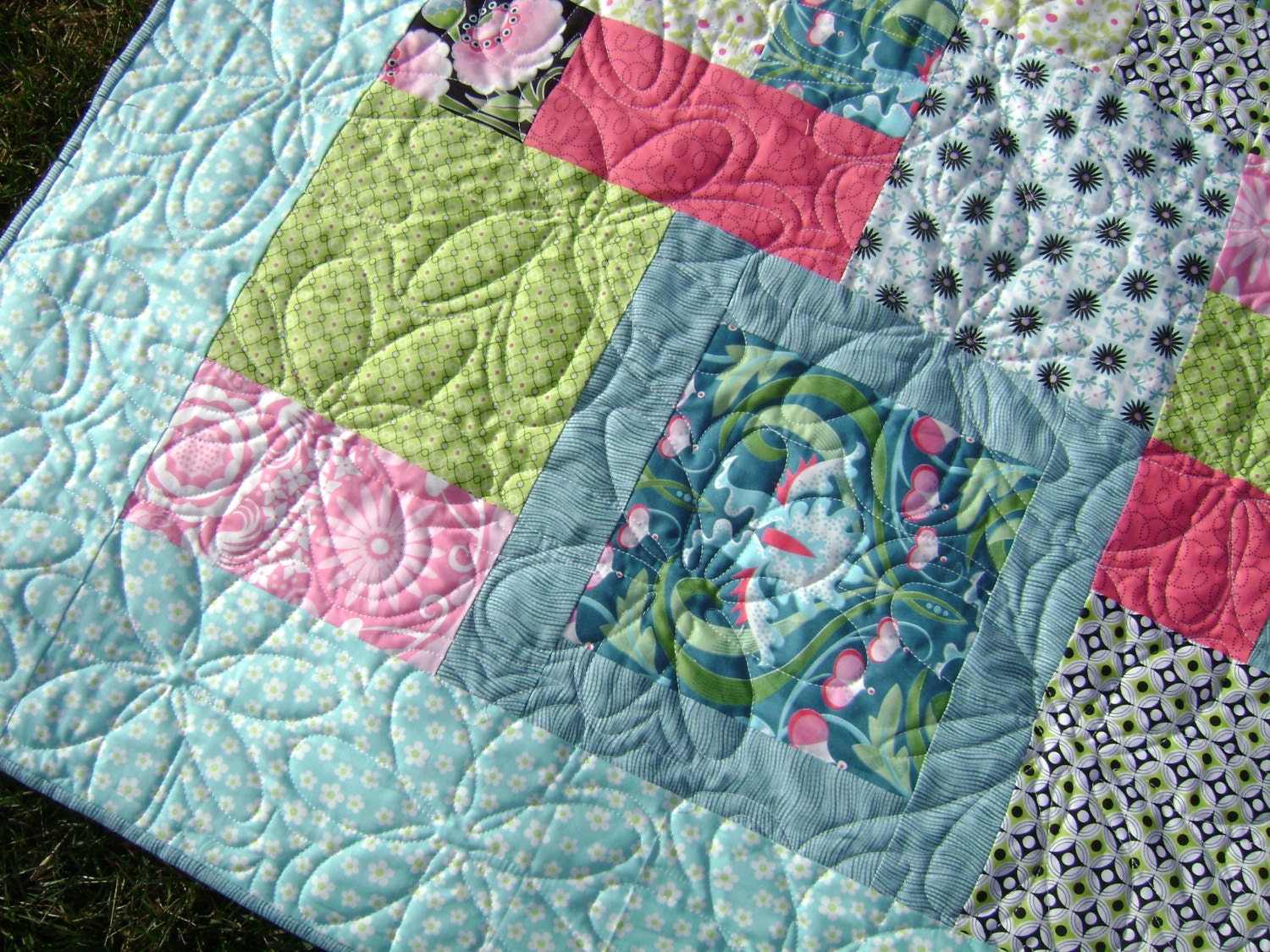 Lovely Lap Quilt in Soft Springtime colors - Handmade Modern Blanket in Pink Turquoise Green White and black