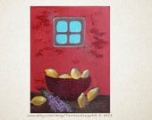 Lemons by the Window  9x12 in. Original Acrylic Painting. Red Home kitchen decor.