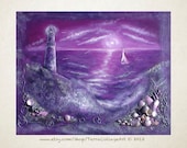 16x20 in. Deep Purple Night by the Ocean. UNFRAMED. Nautical Original Mixed Media Art. Beach sea shell home decor