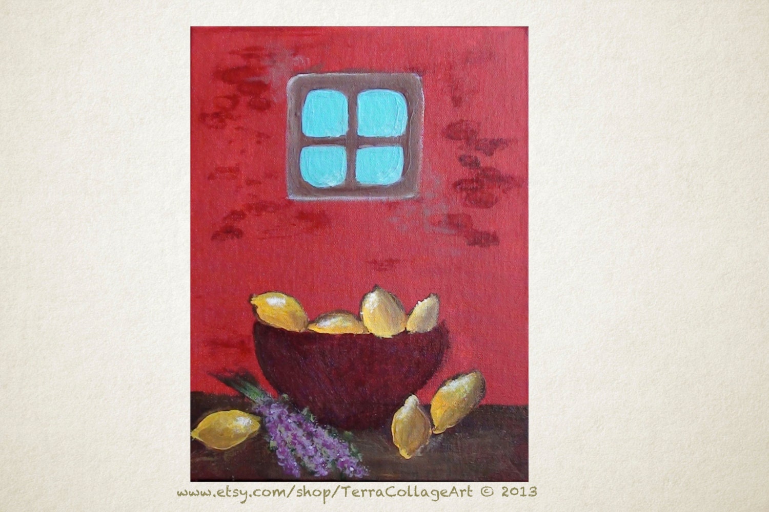 Lemons by the Window 9x12 in. Original Acrylic Painting. Red Home kitchen decor.