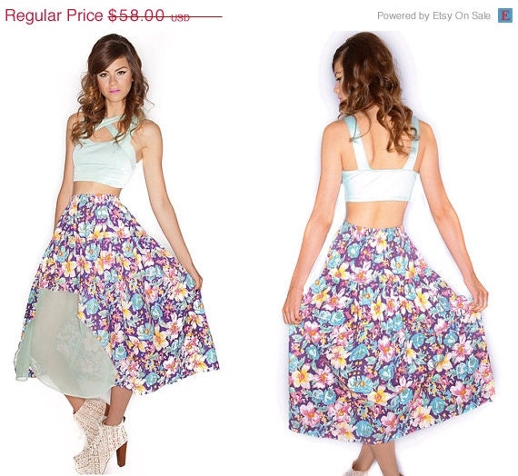 FESTIVAL SALE Vintage UpCycled Floral Maxi Skirt with Sheer Chiffon Cutout