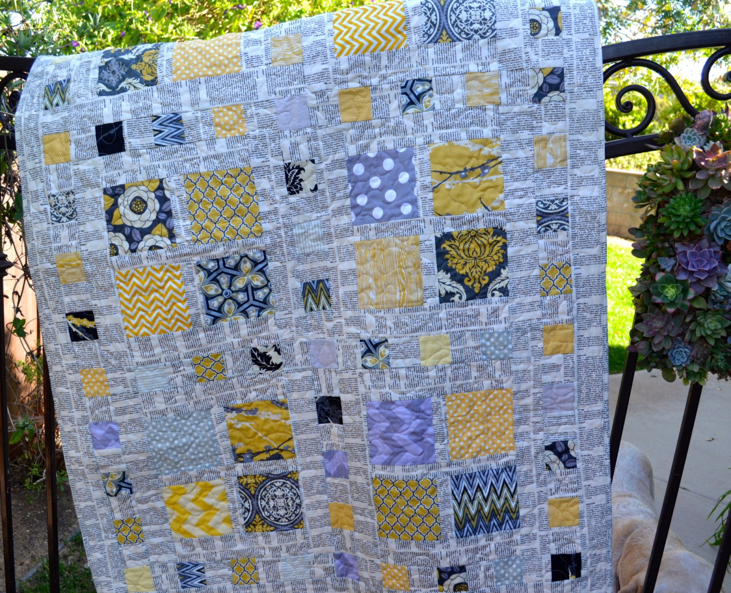 Modern Baby Quilt - Silver Gray Grey with Yellow, Joel Dewberry, Newsprint, Chevron Quilt, Black, White