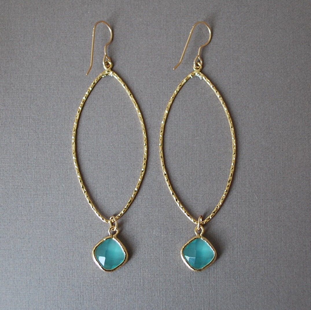 Gold Marquise Hoop Earrings With Teal Glass Drops