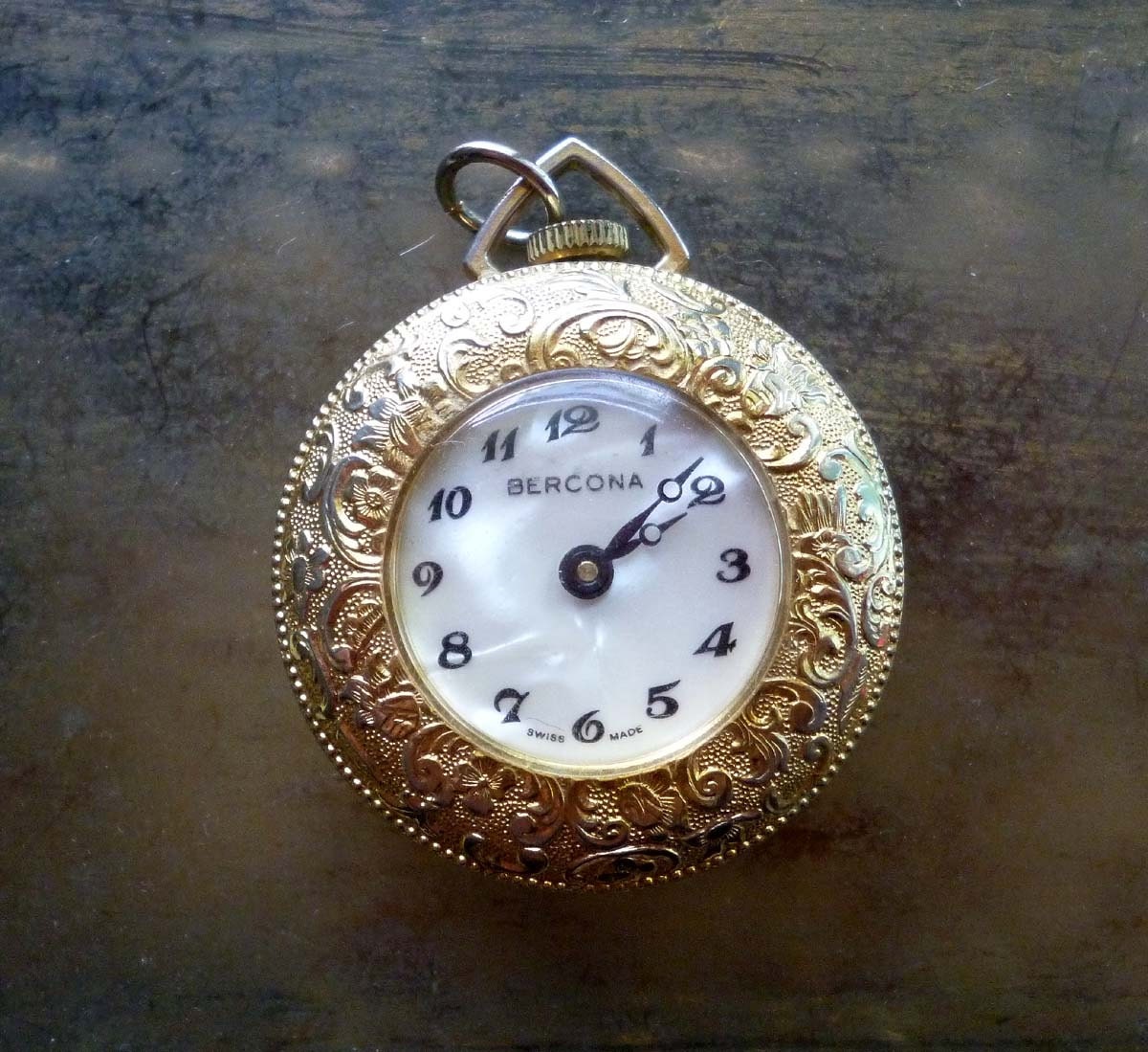 Vintage Gold Mother of Pearl Pocket Watch Pendant - Bercona - Victorian Engraved