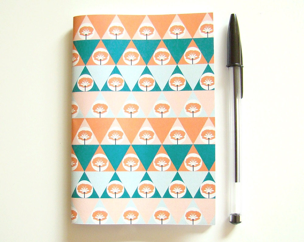 Notebook A6 Geometric Pattern Triangles and Flowers Recycled Paper // Peach Aqua Blue Pale Pink